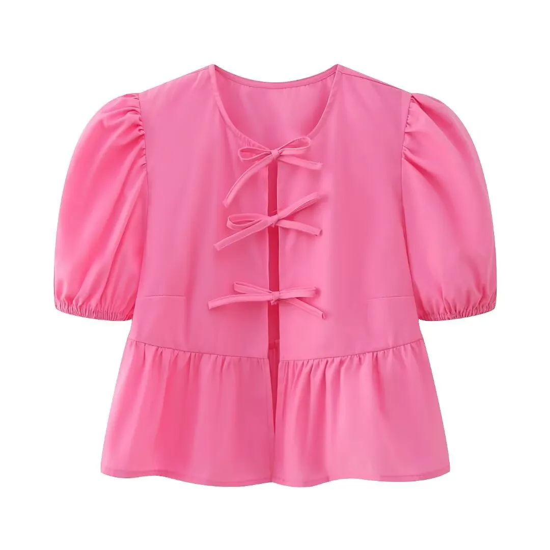 Women Sweet Casual Puff Sleeve Bow Knot Ruffled Stripe Leopard Blouse