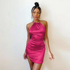 Sexy Women Satin Solid Color Halter Neck Slim Siede-Slit Mini Dress