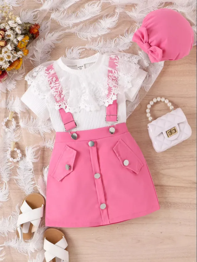 Children Kids Toddlers Fashion Girls Basic Casual Short Sleeve Lace Top And Straps Skirt Set