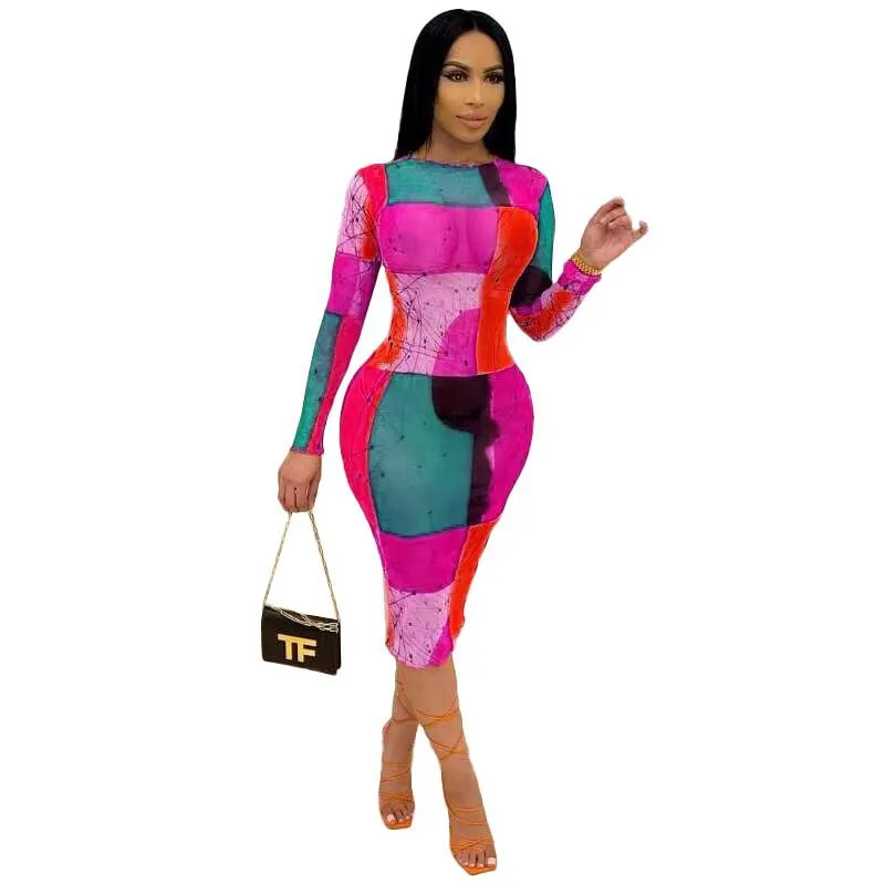 Women Fashion Color Blocking Long Sleeve Dress