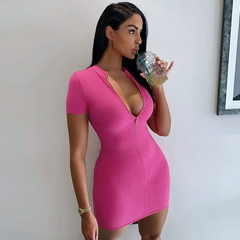Women Basic Solid Color Short Sleeves Bodycon Zipper Dress