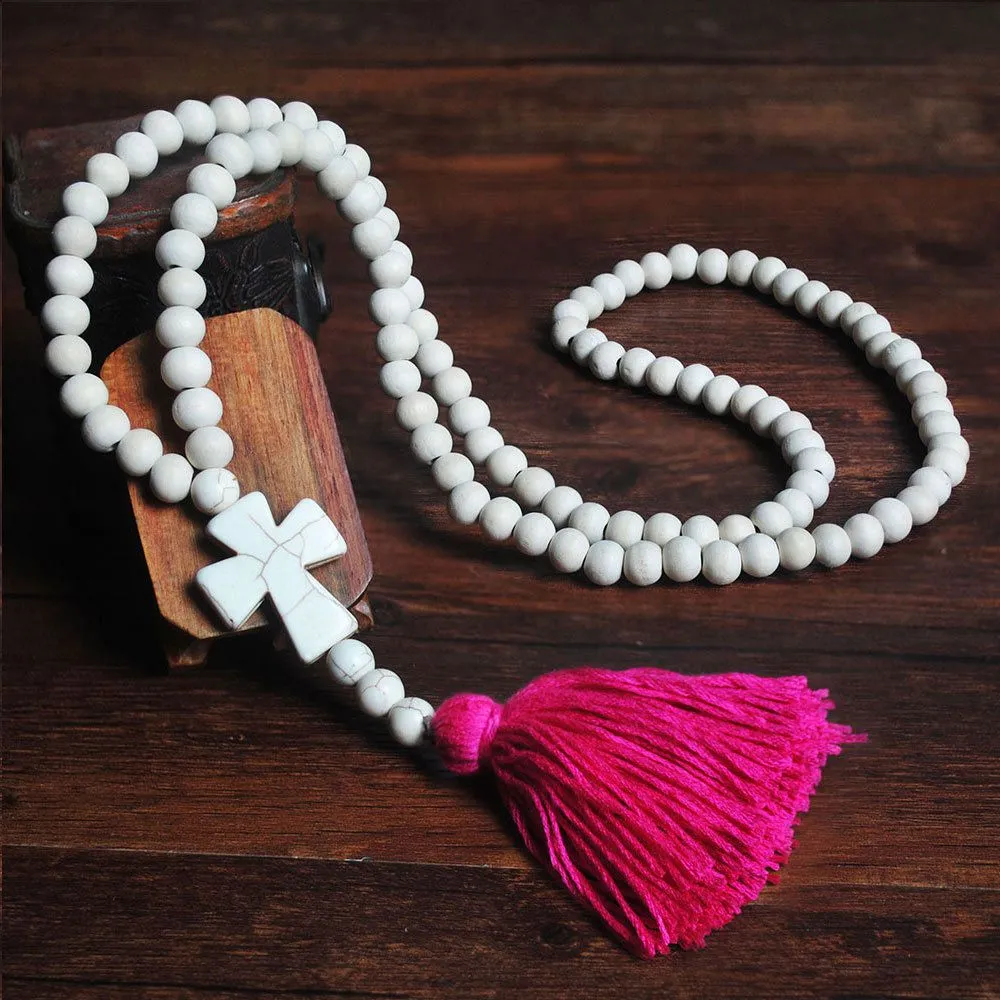 Hot Sale Vintage Pattern White Wooden Beads Cross Tassel Pendant Necklace