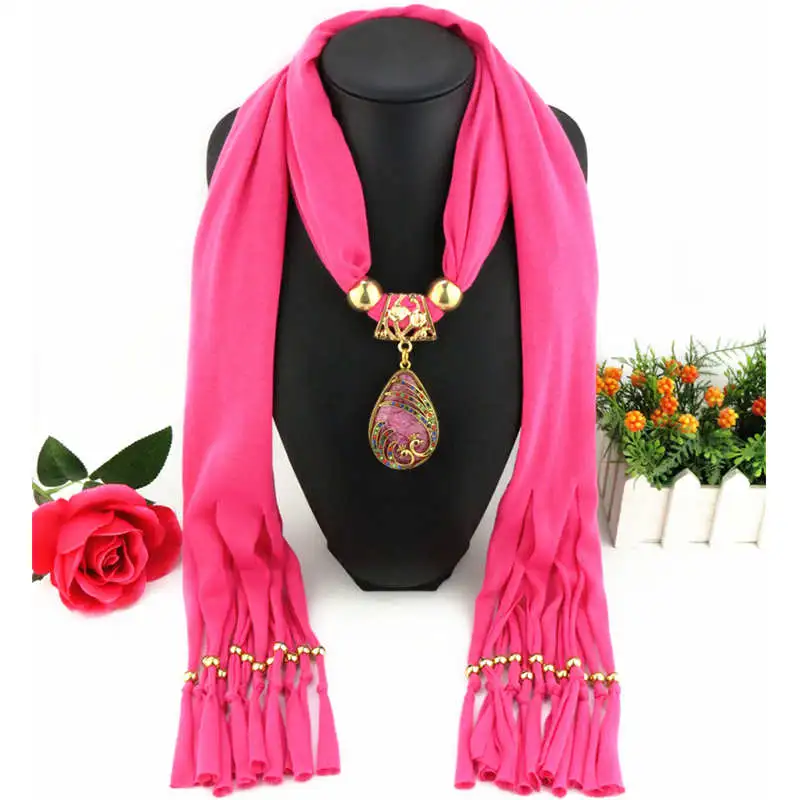Lady Graceful Color Peacock Water Drop Shape Pendant Scarf Necklace