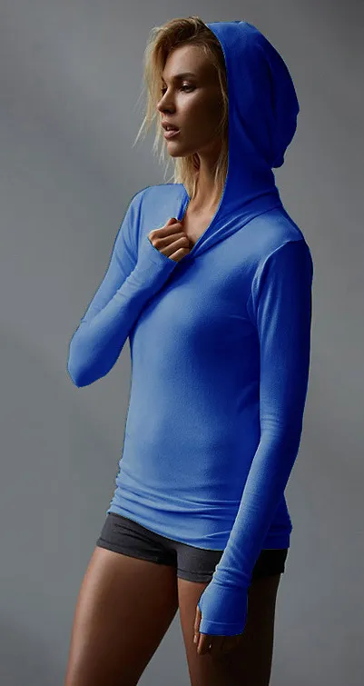 Women Casual Stretch Hooded Long Sleeve Mittens Running Sports Sweatshirt