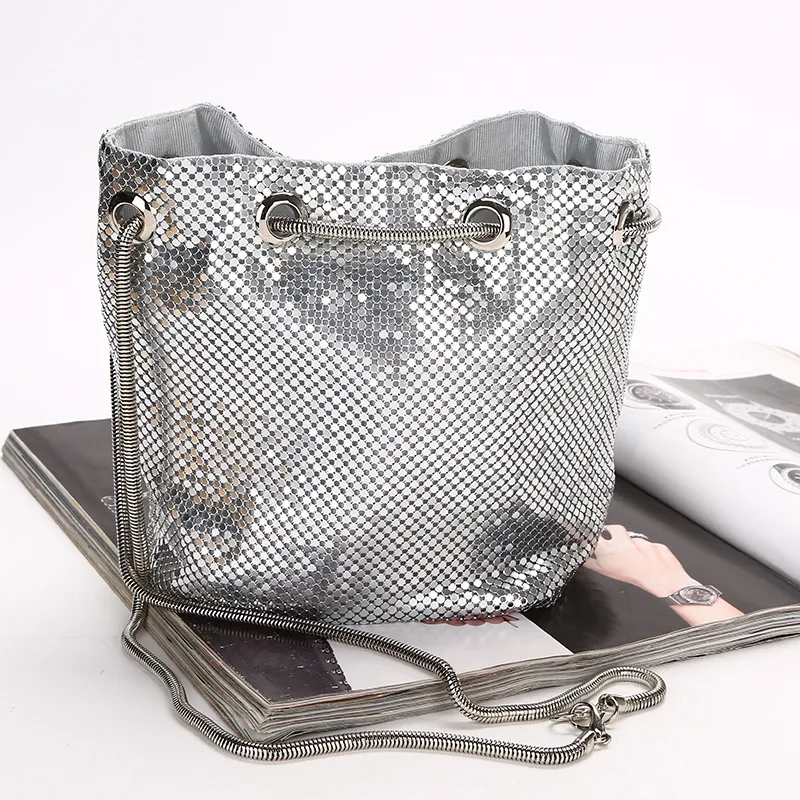 Women Chic Sequin Design Solid Color Shoulder Handle Drawstring Evening Bag