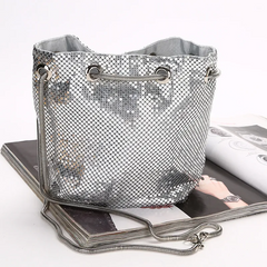 Women Chic Sequin Design Solid Color Shoulder Handle Drawstring Evening Bag