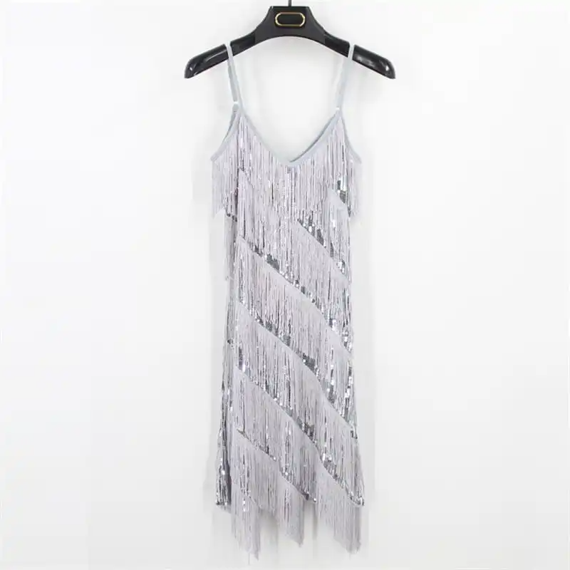 Women Sexy Sequins Tassels Decor Latin Ballroom Dance Dress