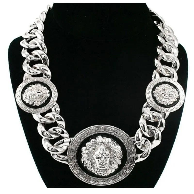 Men Exaggerated Large Size Alloy Chain Enameles Lion Head Necklace