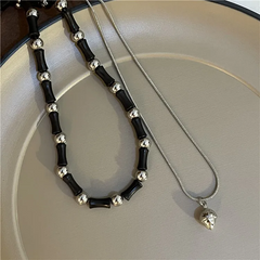 Unisex Fashion Retro Ring Bamboo Chain Pendant Double Layer Necklace