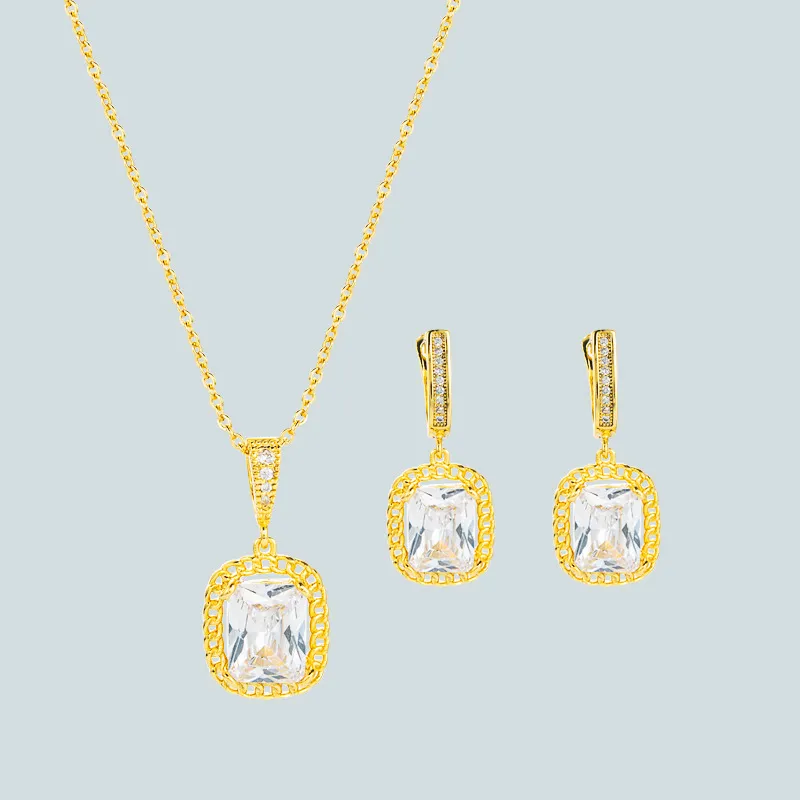 Temperament Square Zircon Pendant Decorated Copper Necklace And Stud Earrings Set