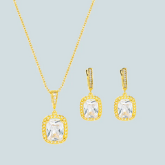 Temperament Square Zircon Pendant Decorated Copper Necklace And Stud Earrings Set