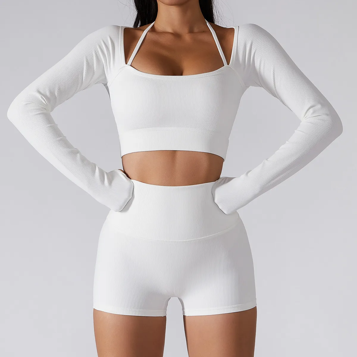 Women'S Fashion Solid Color Halter Neck Slim-Fit Fitness Tight Sports Long Sleeve Top