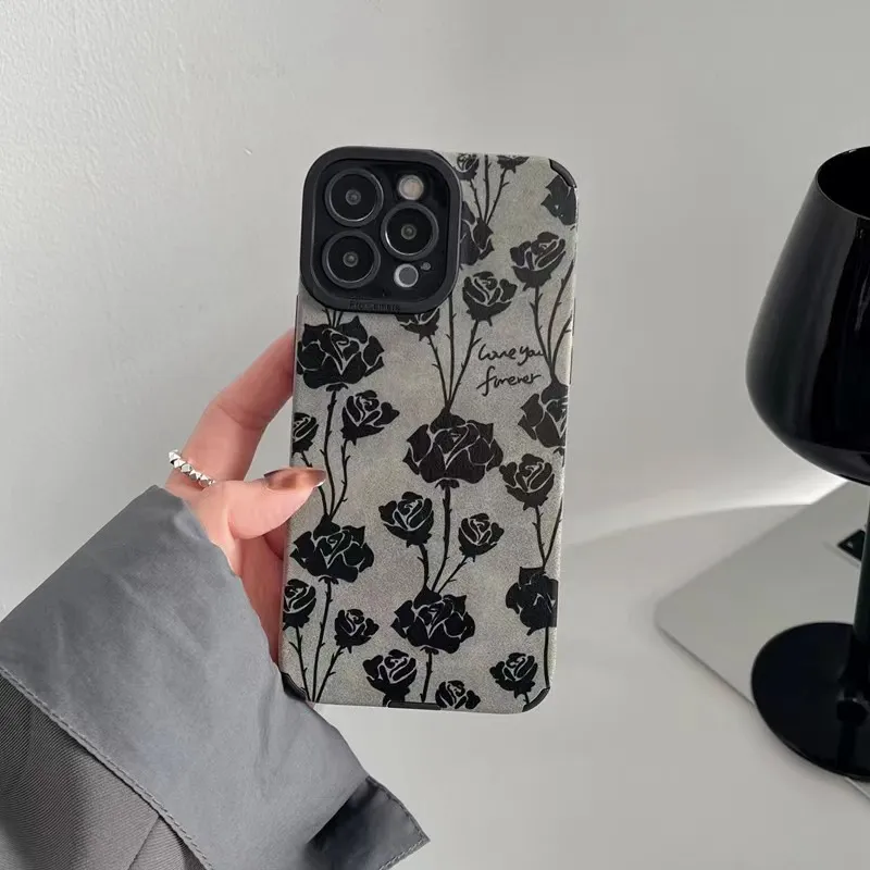 Grey Rose Print Iphone14promax Apple 13 Mobile Phone Case