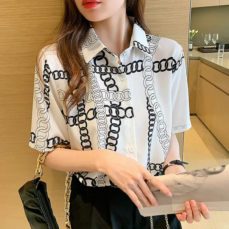 Women Fashion Graphic Printed Lapel Blouse