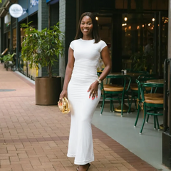 Women Fashion Solid Color Round Neck Short Sleeve Maxi Dress