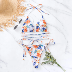 Women Sexy Vacation Floral Print Bandage Halter Neck Bikini Swimwear