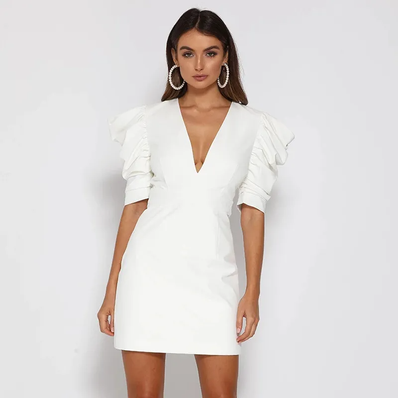 Women Sexy Backless V-Neck Buttoned Puff Sleeve Dress