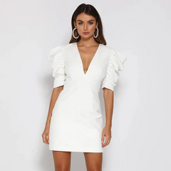 Women Sexy Backless V-Neck Buttoned Puff Sleeve Dress