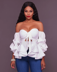 Fashion Elegnat Women Sexy Off-Shoulder Solid Color Ruffled Knotted Slim-Fit Long-Sleeved Blouse