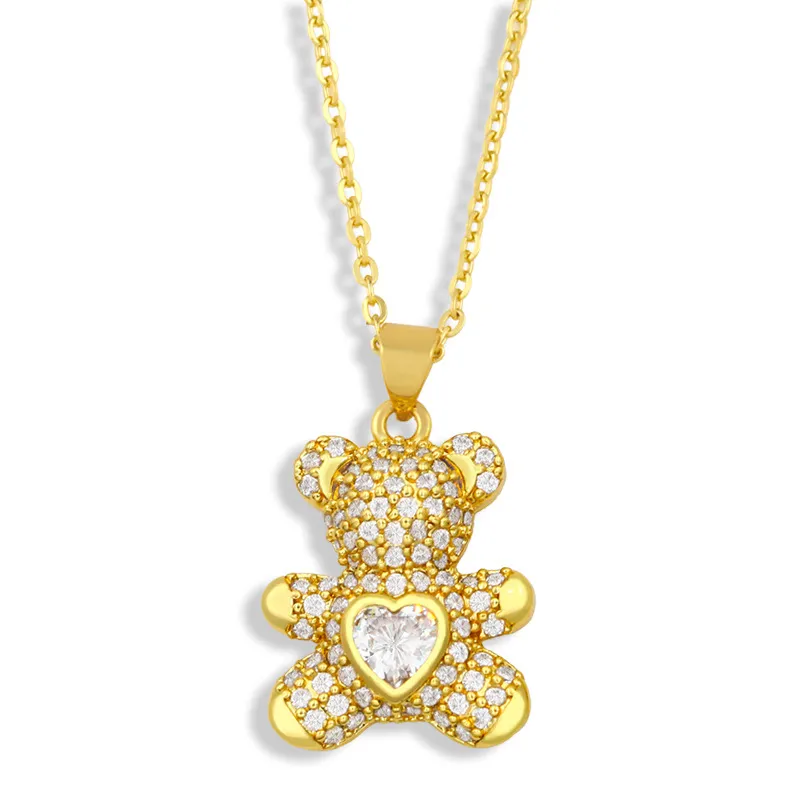 Women Fashion Set Multicolor Zircon Heart Bear Pendant Necklace