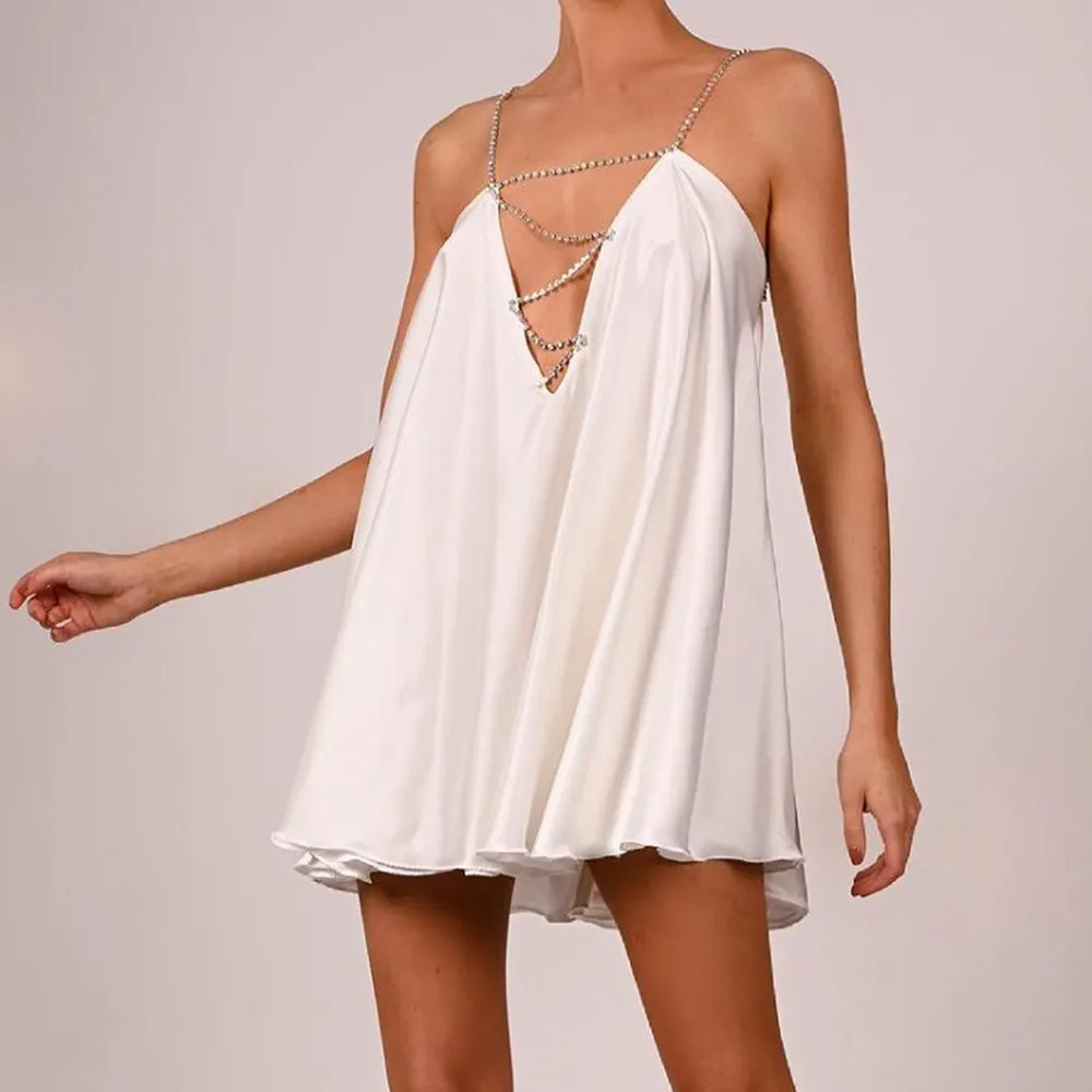 Wmen Night Out Sexy Edgy Summer Cut Out Chain Solid Color Sleeveless Ruffled Satin Mini Dress