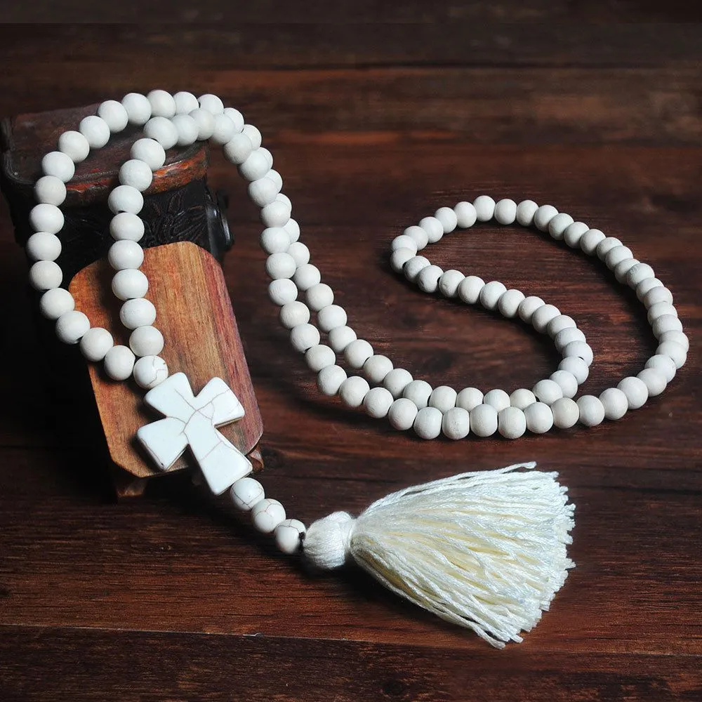 Hot Sale Vintage Pattern White Wooden Beads Cross Tassel Pendant Necklace