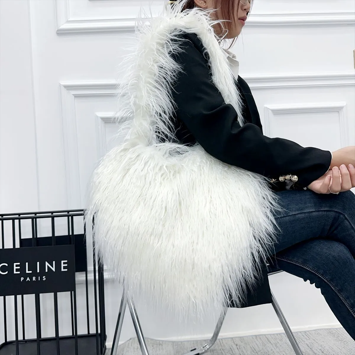 Winter Women Fashion Cute Solid Color Heart Plush Shoulder Bag