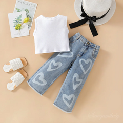 Children Kids Baby Fashion Girls Sleeveless Solid Color Top And Heart Print Denim Pants 2pcs Set