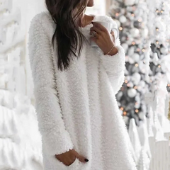 Winter Women Casual Plush Solid Color Long Sleeve Fluffy Dress