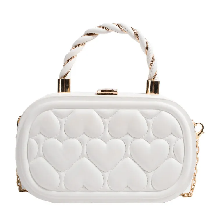 Women Fashion Solid Color Heart Quilted Lock Chain Handle Crossbody Bag