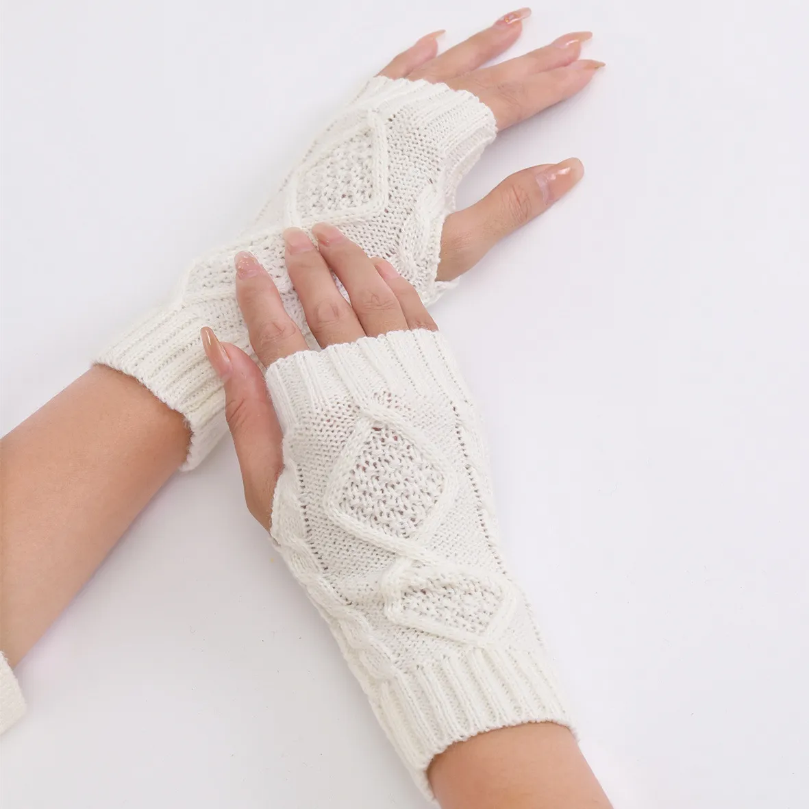 Women Winter Causal Solid Color Knitted Warm Fingerless Gloves