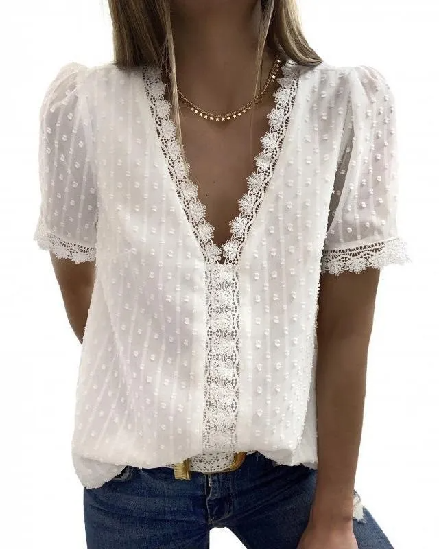 Deep V-Neck Chiffon Shirt Embroidered Lace Short Sleeve Women Blouse