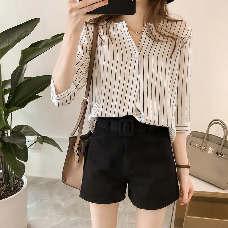Women Office Summer V Neck Striped Loose Blouse