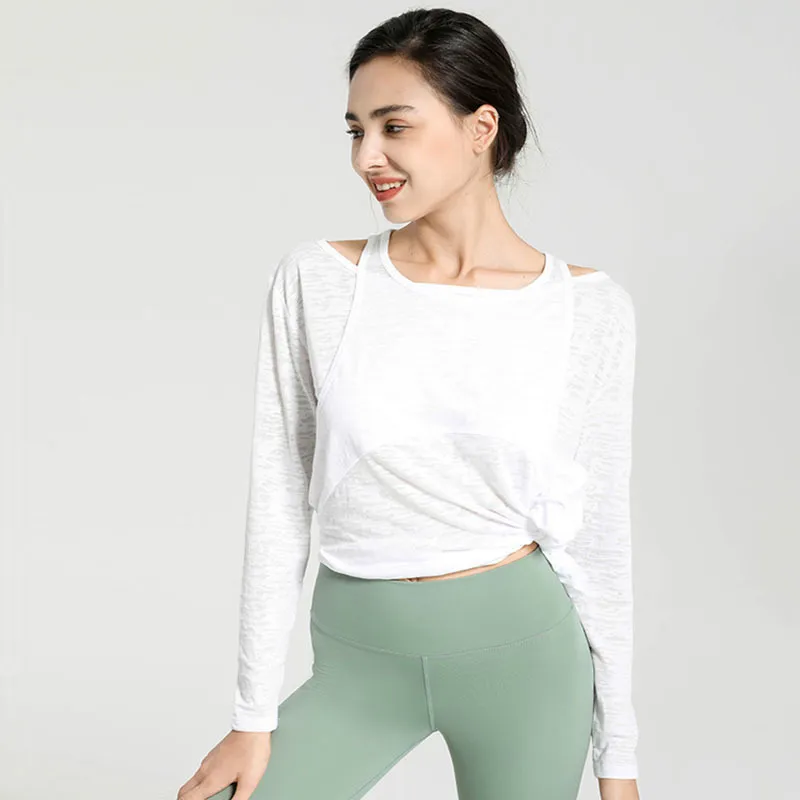 Women Casual Loose Solid Color Round Neck Long Sleeve Sports Top