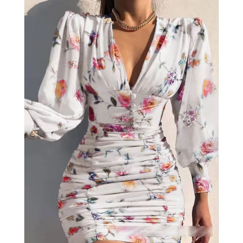 Women Fashion Flower Print Long Sleeve Pleated Bodycon Dress