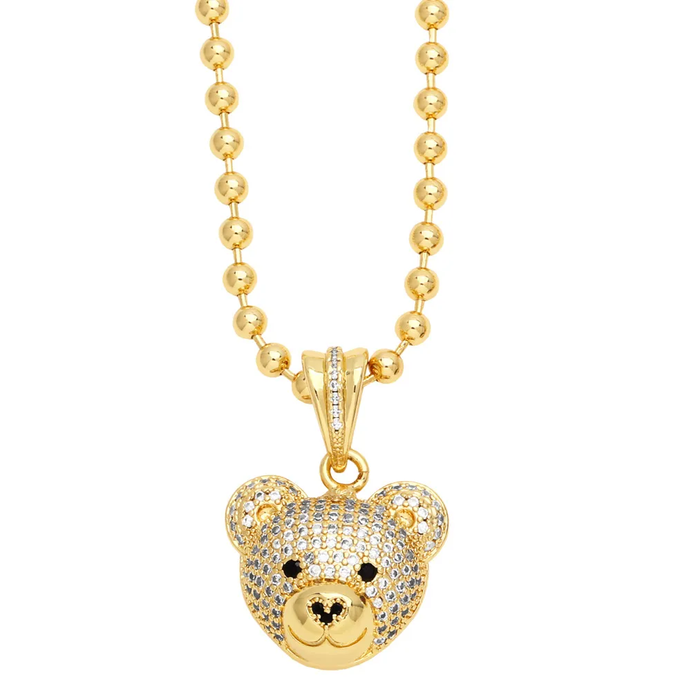 Women Fashion Cute Full Diamond Bear Head Pendant Necklace