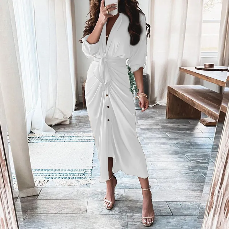 Women Fashion V Neck Bandage Creased Dress