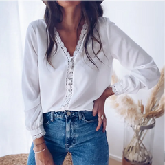 Women Plain Lace Patchwork Long Sleeve Casual Blouse