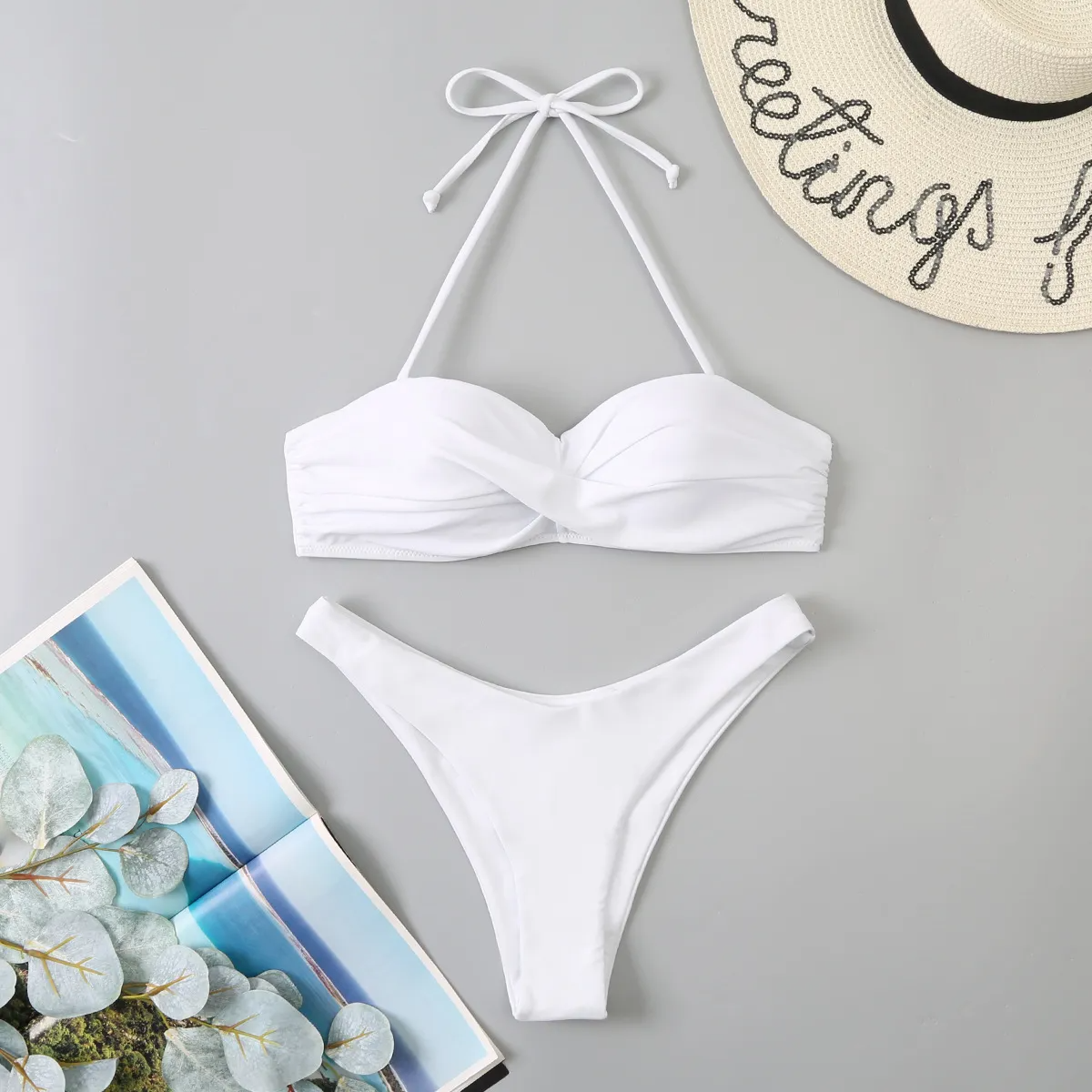 Women Fashion Sexy Halter Neck Tube Top Solid Color Swimsuit Two-Piece Set