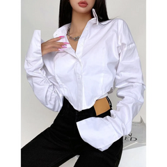 Women Fashion Solid Color Lapel Long Sleeve Crop Shirt