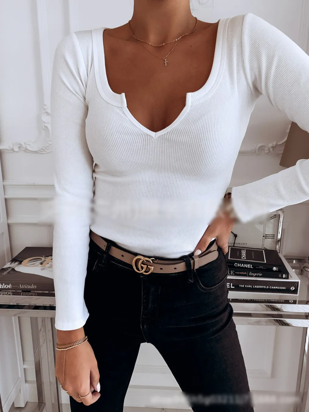 Women Basic Solid Color V Neck Rib Knit Long Sleeves Top