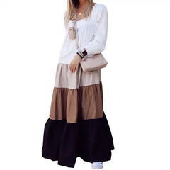 Women Casual Color Blocking Patchwork Long Sleeve Dress