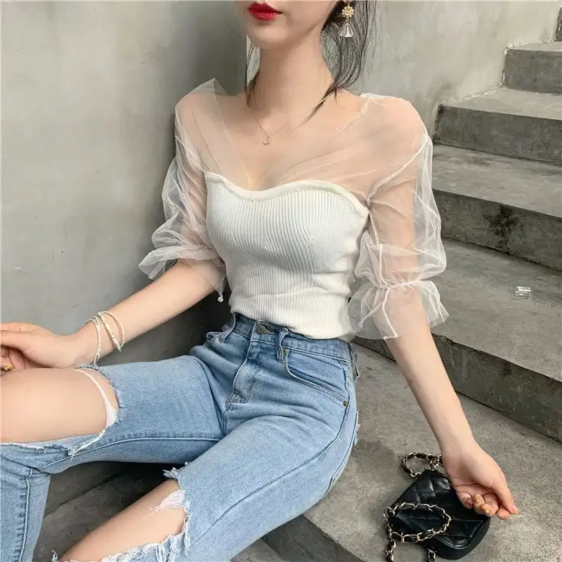 Women Fashion Mesh See Through Patchwork Rib-Knit Top