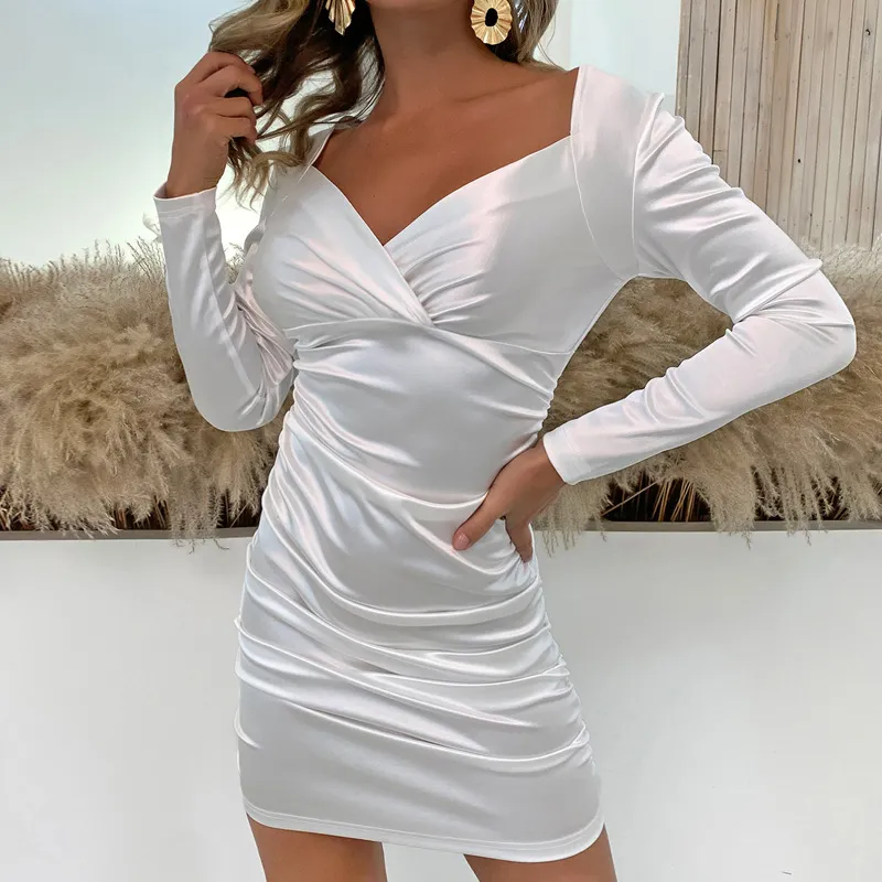 Women Elegant Sexy V Neck Long-Sleeved Temperament Solid Color Bodycon Dress