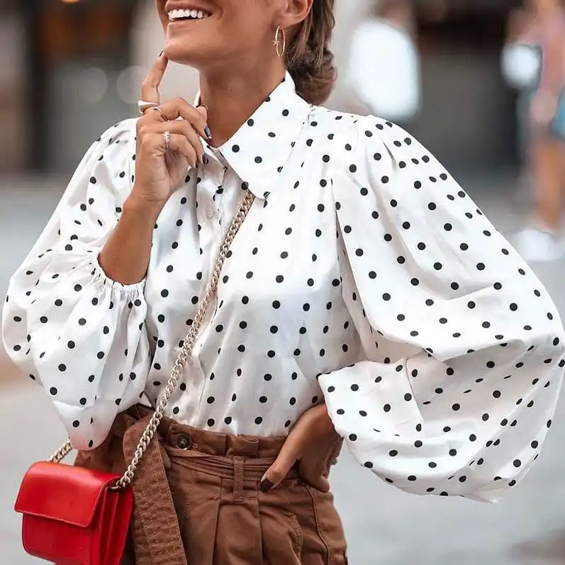 Women Fashion Single Breasted Polka Dot Printed Lantern Sleeve Blouse