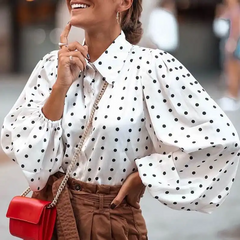 Women Fashion Single Breasted Polka Dot Printed Lantern Sleeve Blouse