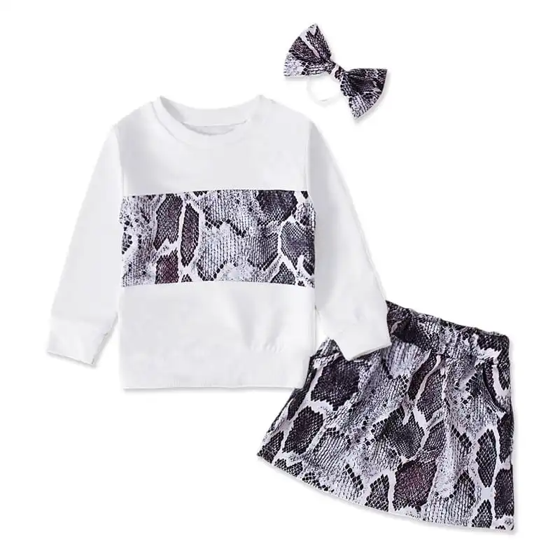 Girls Long-Sleeves Snakeskin Grain Sweatshirt And Skirt With Headband