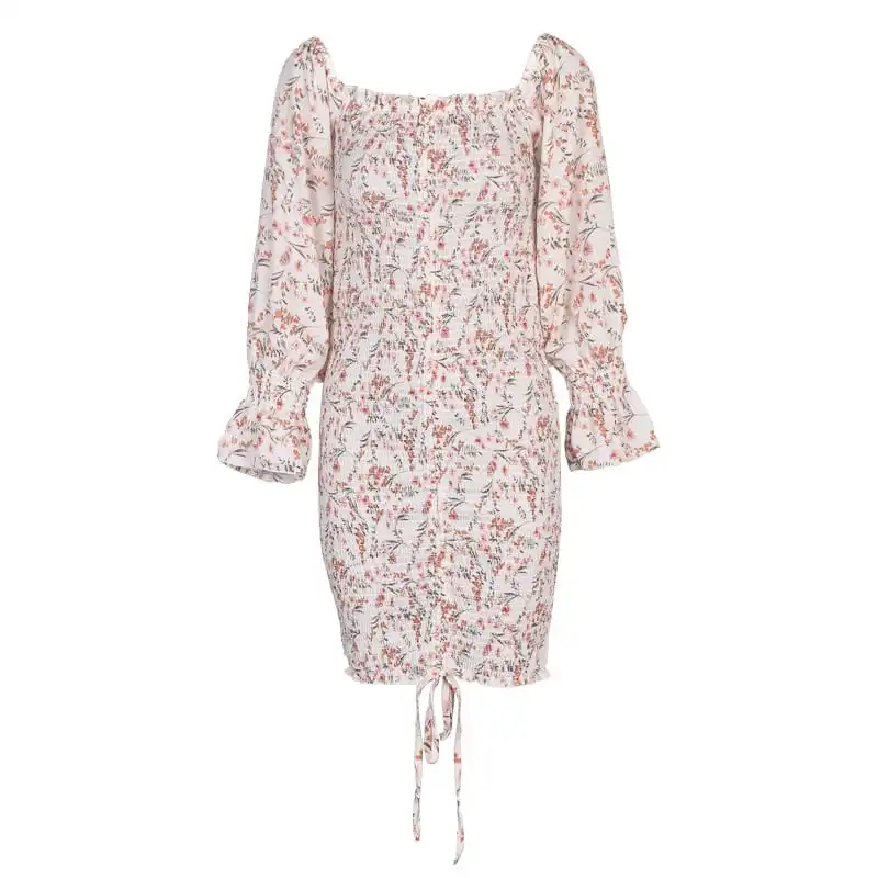 Women Fashion Floral Printed Ruffled Crease Dress