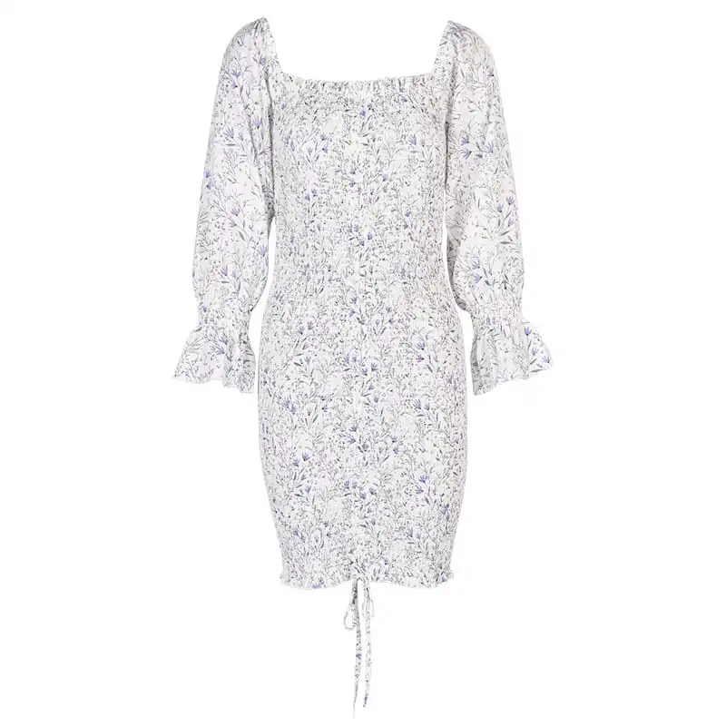 Women Fashion Floral Printed Ruffled Crease Dress