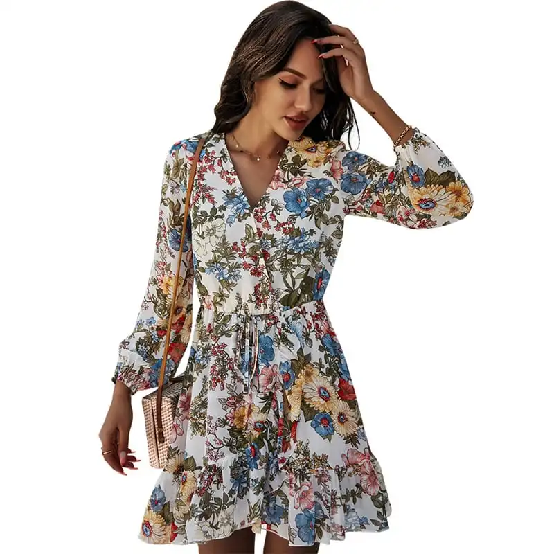 Women Fashion Flower Printed V Neck Wrap Dress